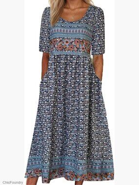 Boho Floral Maxi Dress Short Sleeve V-Neck with Pockets